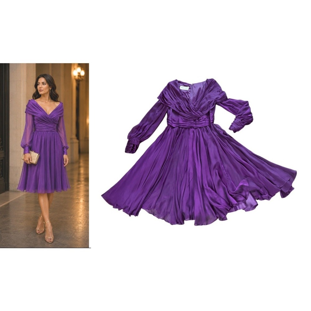 Mignon New York Vintage Silk Chiffon Midi Dress ILGWU Sz 10 Glam Mid-century